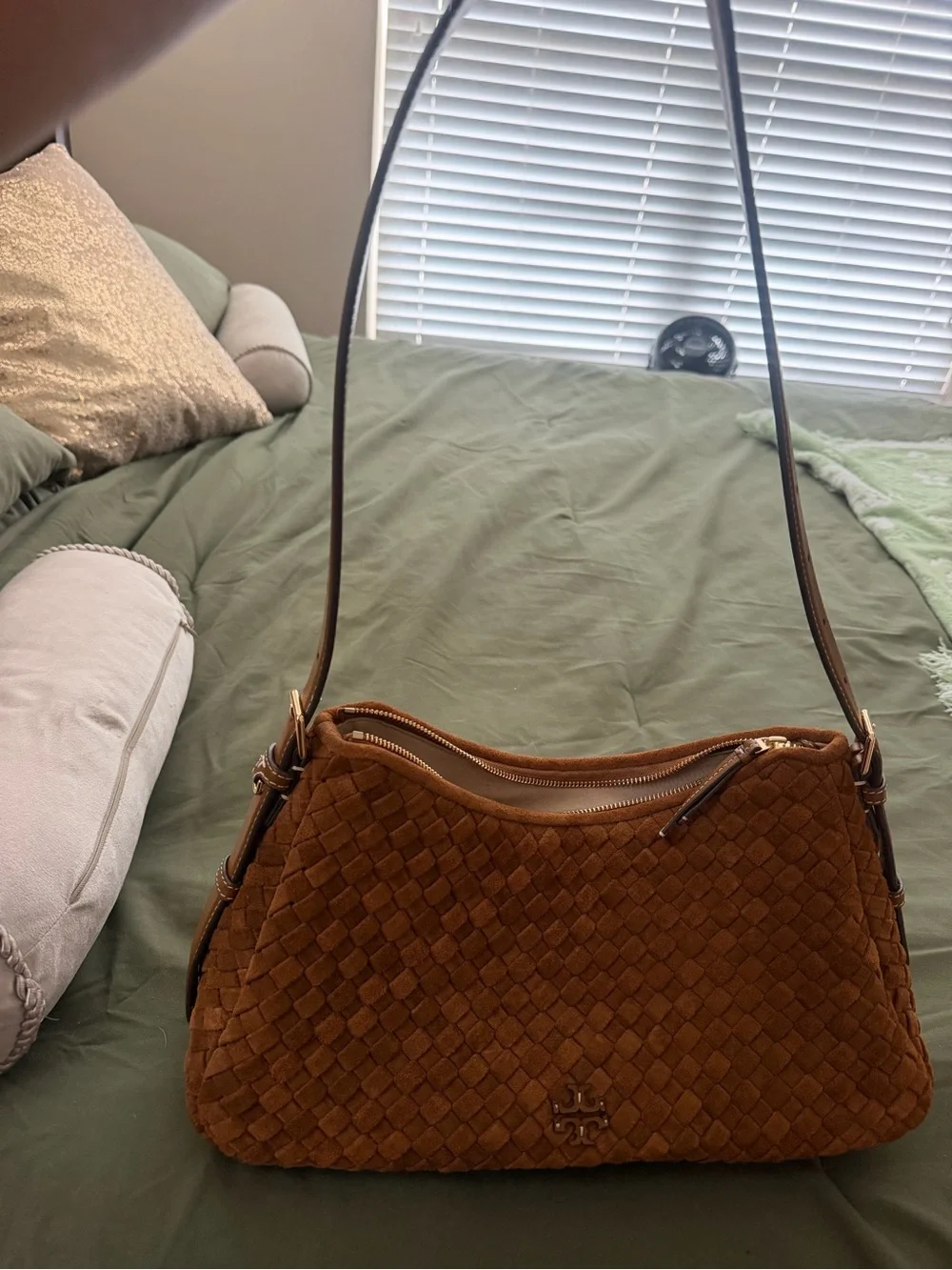 Tory Burch Woven Suede Shoulder Bag in Camel Brown with Gold Logo
